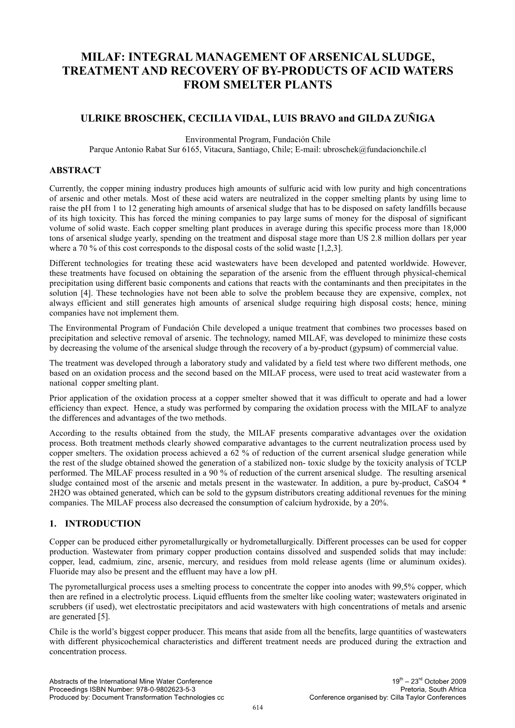 Integral Management of Arsenical Sludge, Treatment and Recovery of By-Products of Acid Waters from Smelter Plants