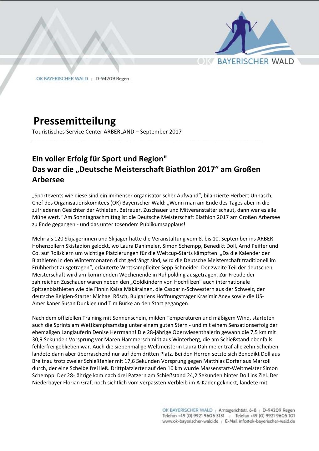 Pressemitteilung Touristisches Service Center ARBERLAND – September 2017 ______