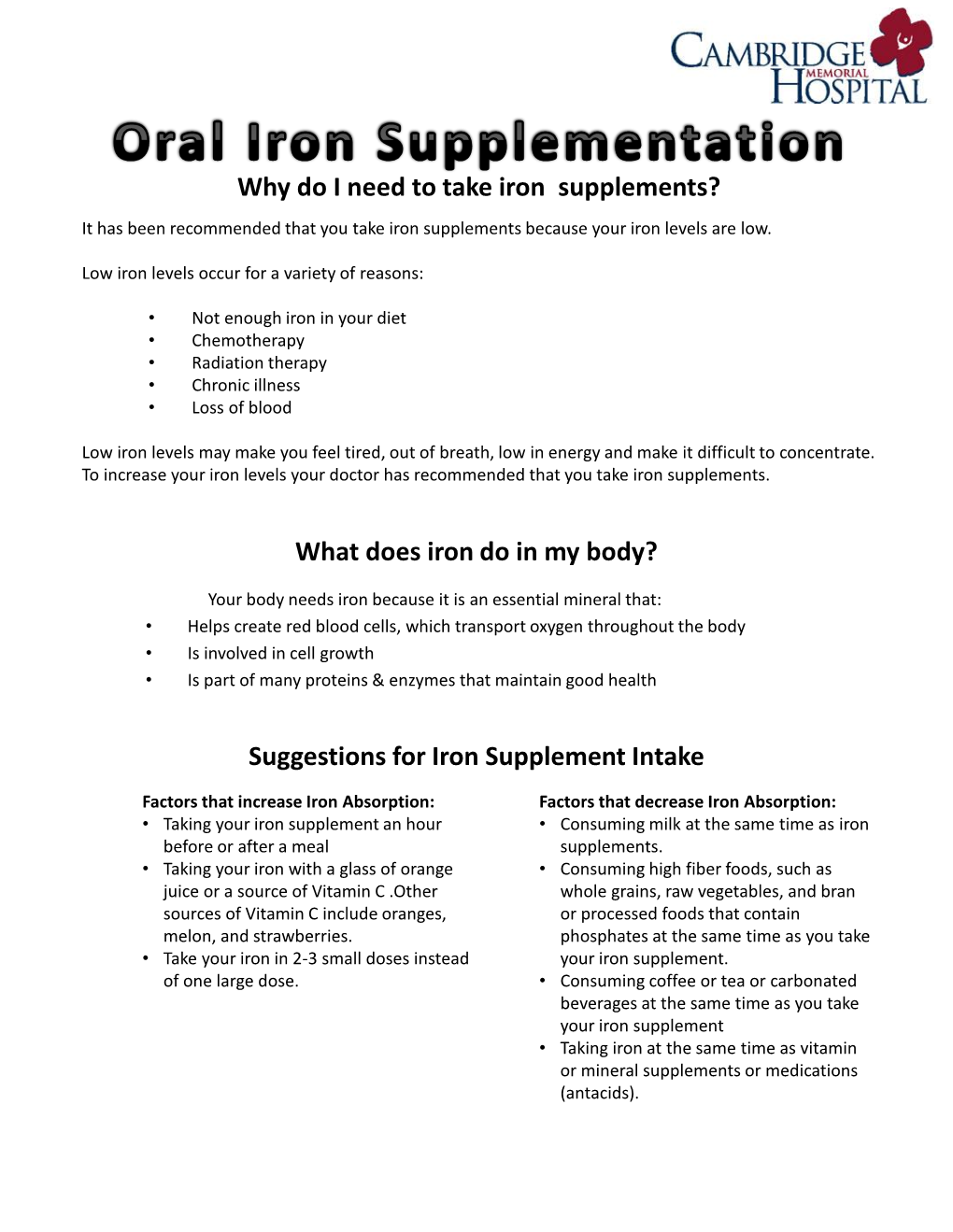 Why Do I Need to Take Iron Supplements? It Has Been Recommended That You Take Iron Supplements Because Your Iron Levels Are Low