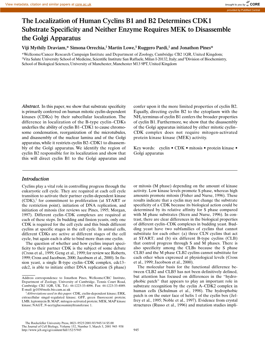 The Localization of Human Cyclins B1 and B2 Determines CDK1