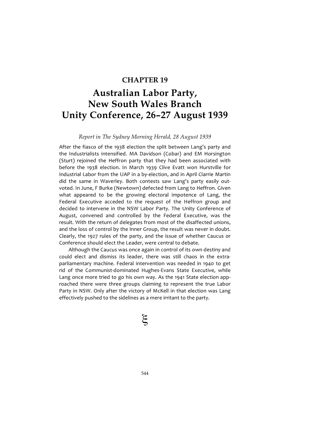 Australian Labor Party, New South Wales Branch Unity Conference, 26–27 August 1939