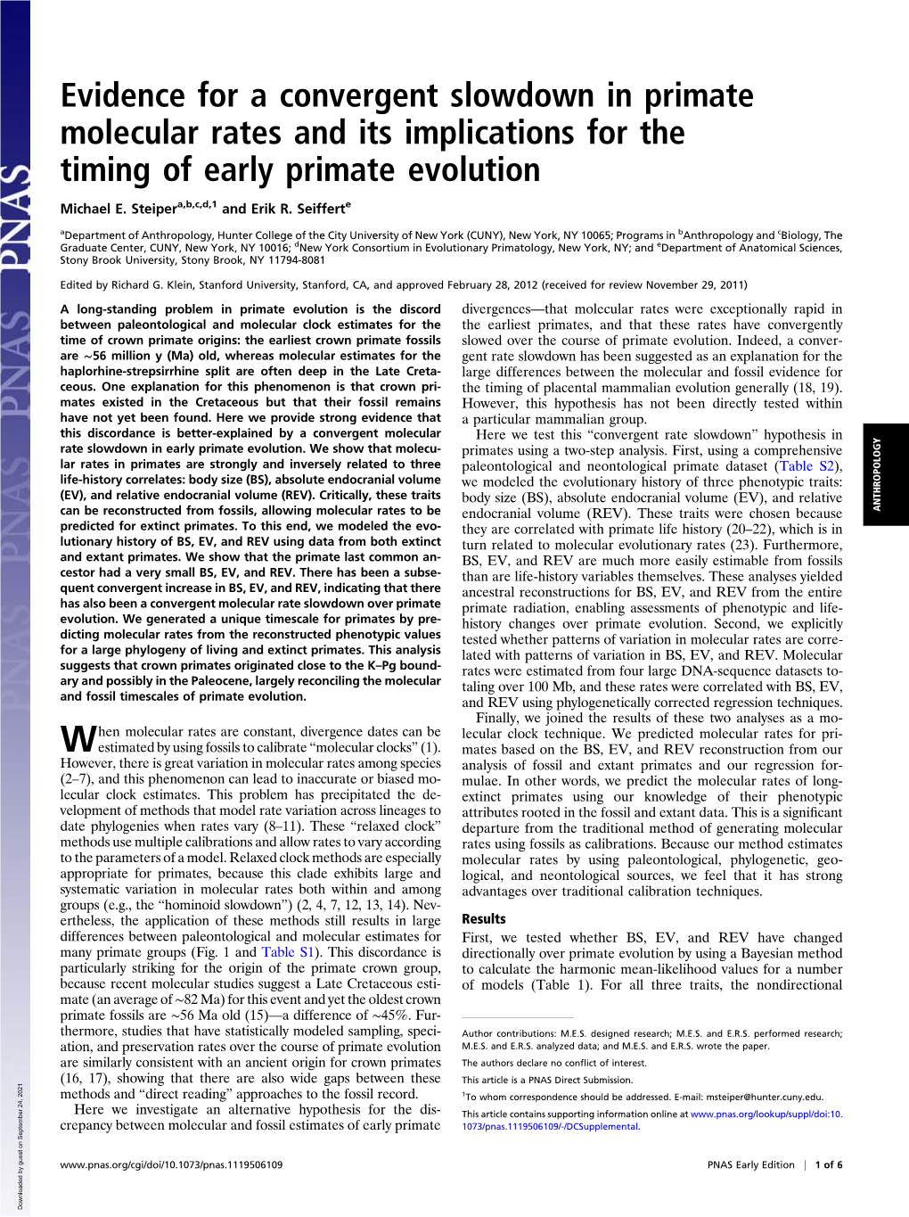 Evidence for a Convergent Slowdown in Primate Molecular Rates and Its Implications for the Timing of Early Primate Evolution