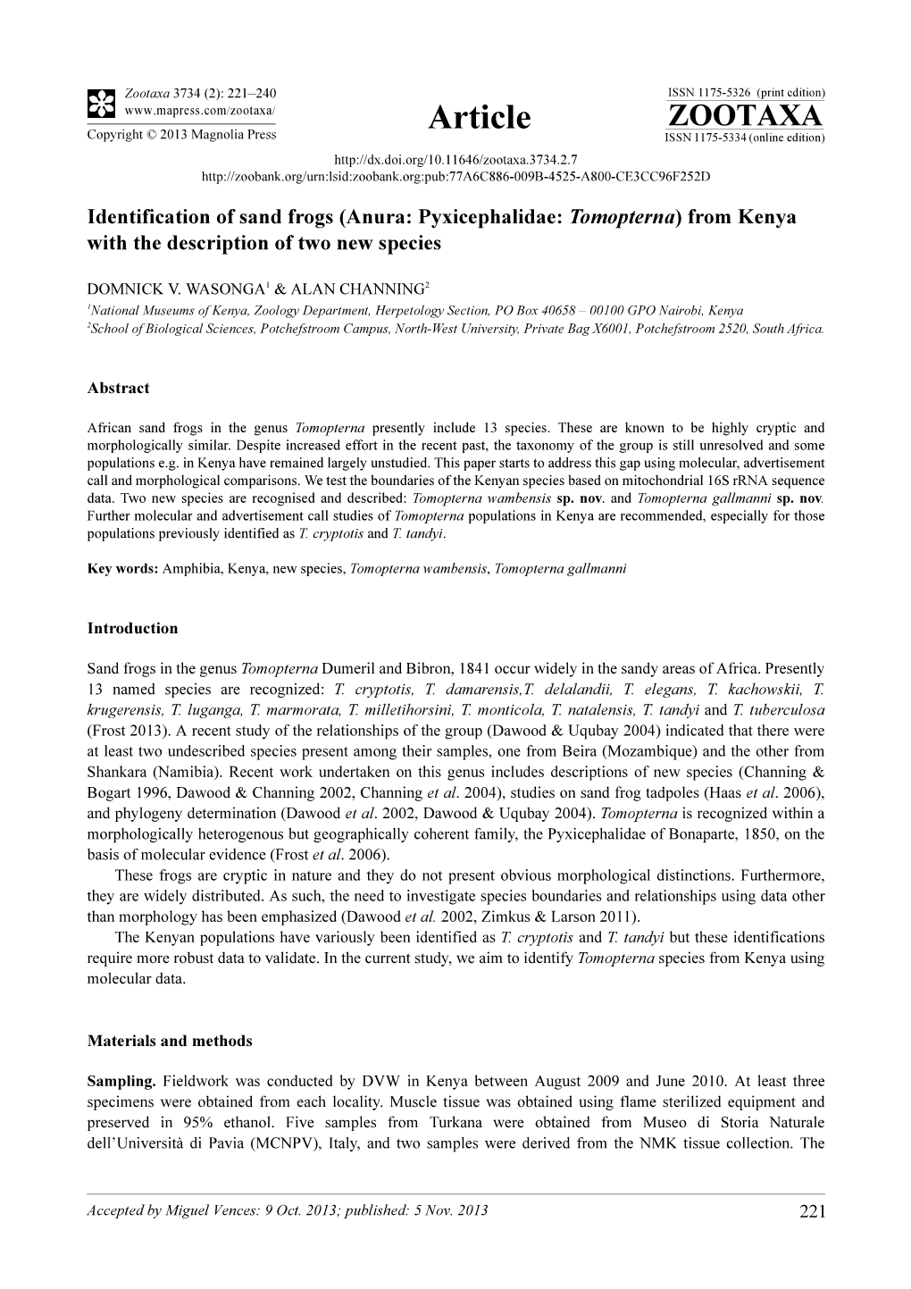 Anura: Pyxicephalidae: Tomopterna) from Kenya with the Description of Two New Species