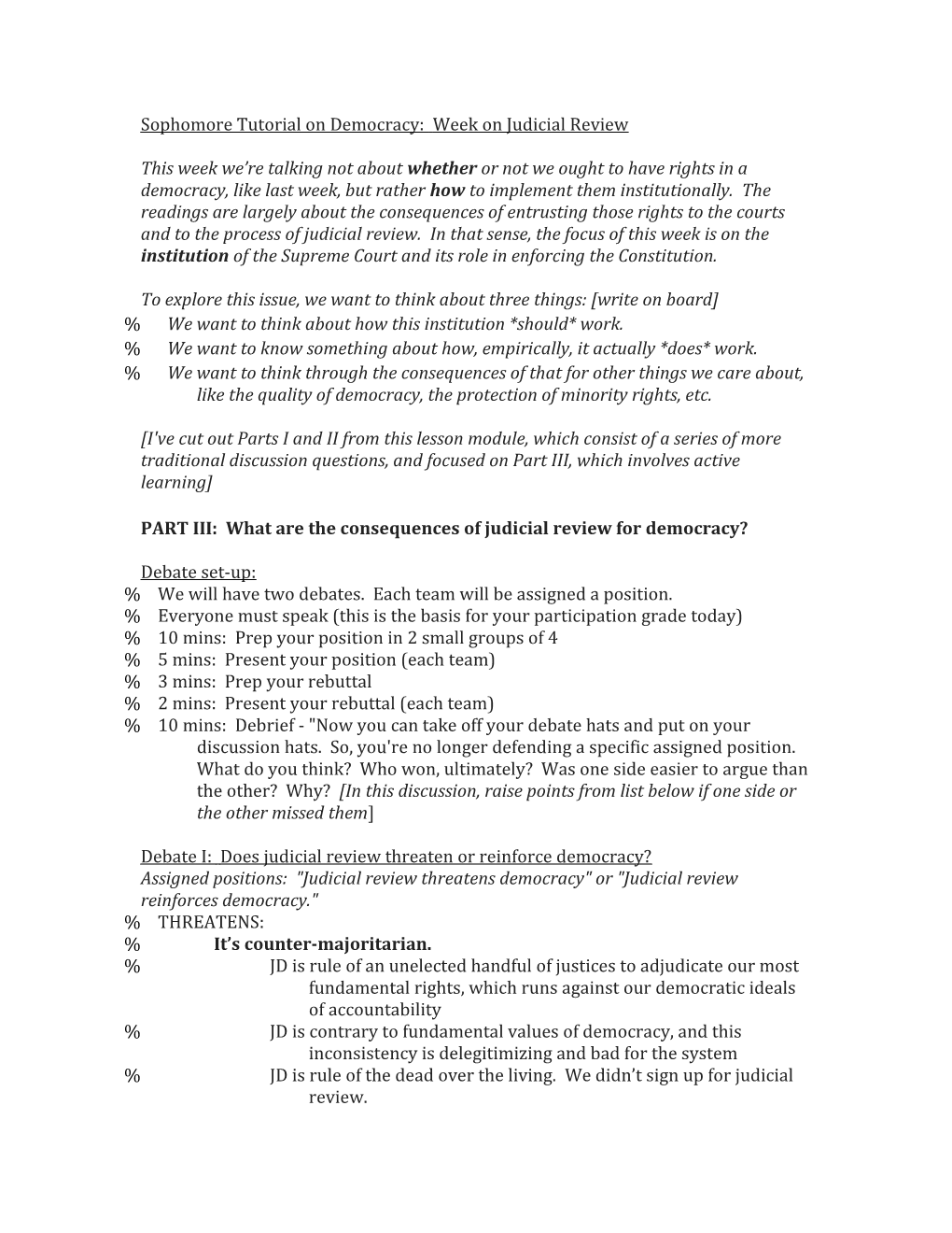 Sophomore Tutorial on Democracy: Week on Judicial Review