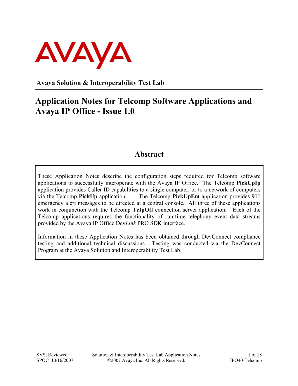 Application Notes for Telcomp Software Applications and Avaya IP Office - Issue 1.0