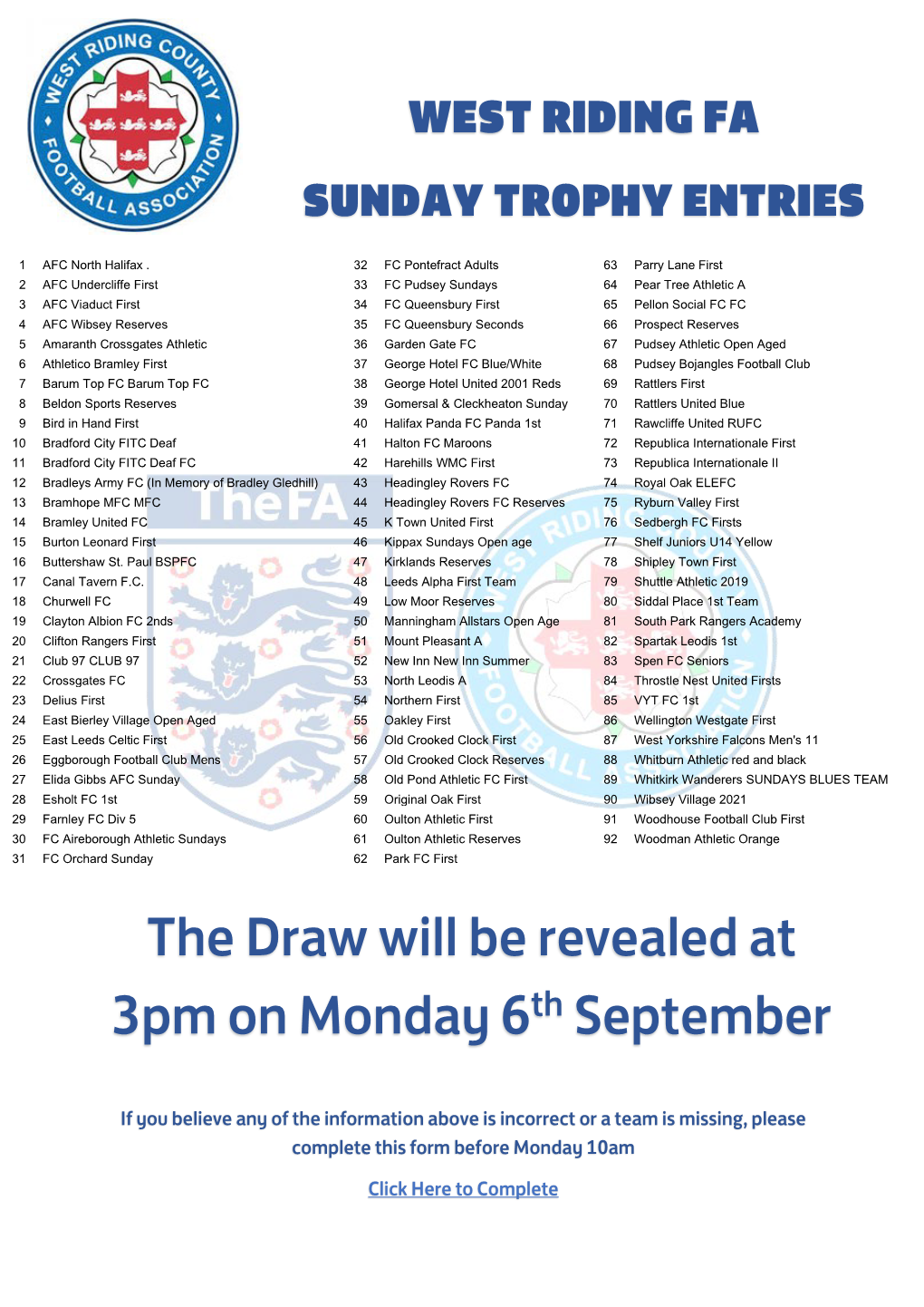 The Draw Will Be Revealed at 3Pm on Monday 6Th September