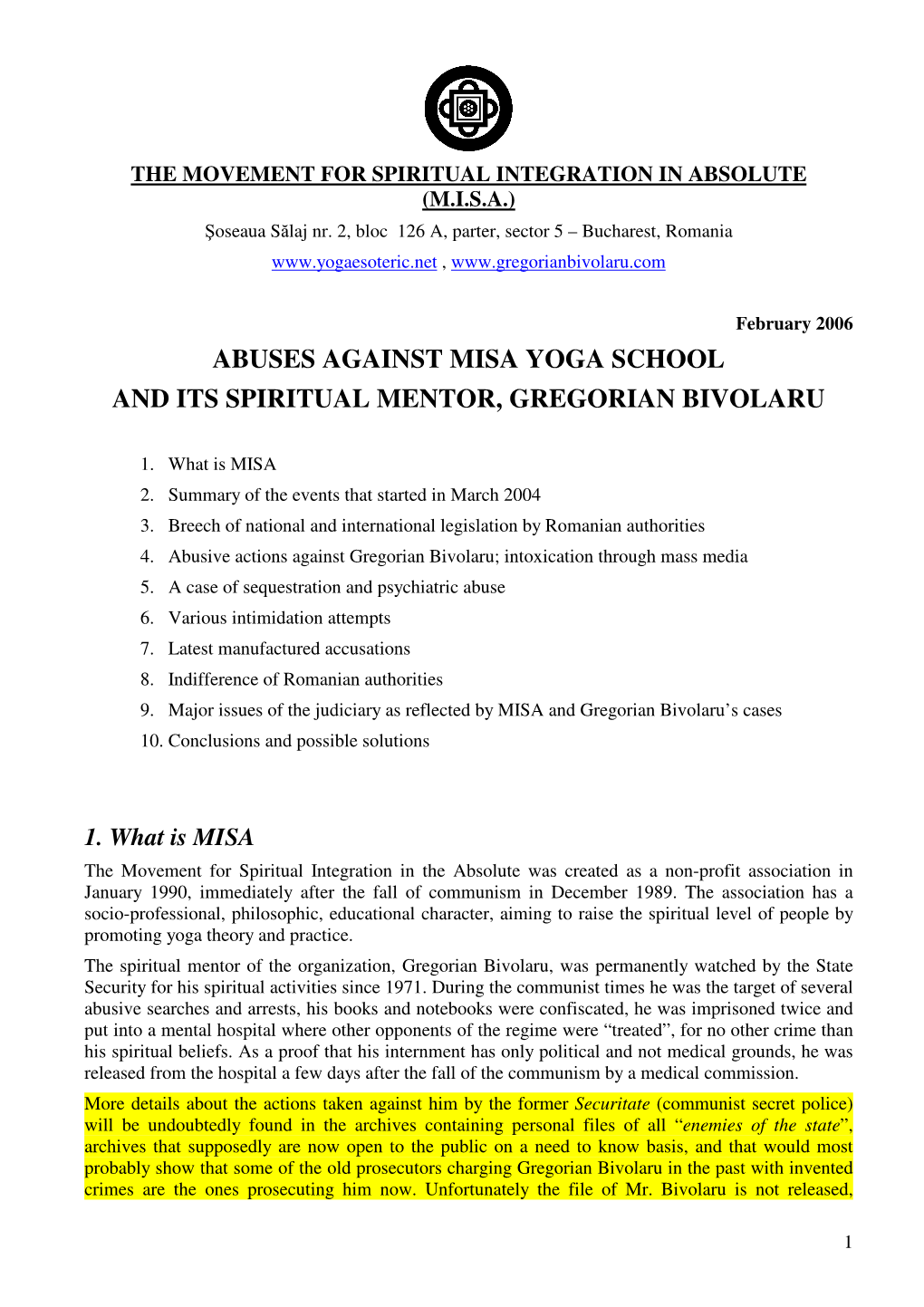 Abuses Against Misa Yoga School and Its Spiritual Mentor, Gregorian Bivolaru