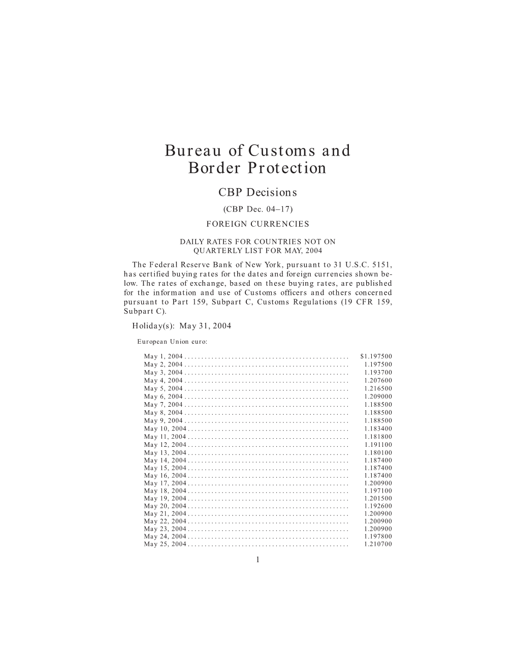 Bureau of Customs and Border Protection CBP Decisions (CBP Dec