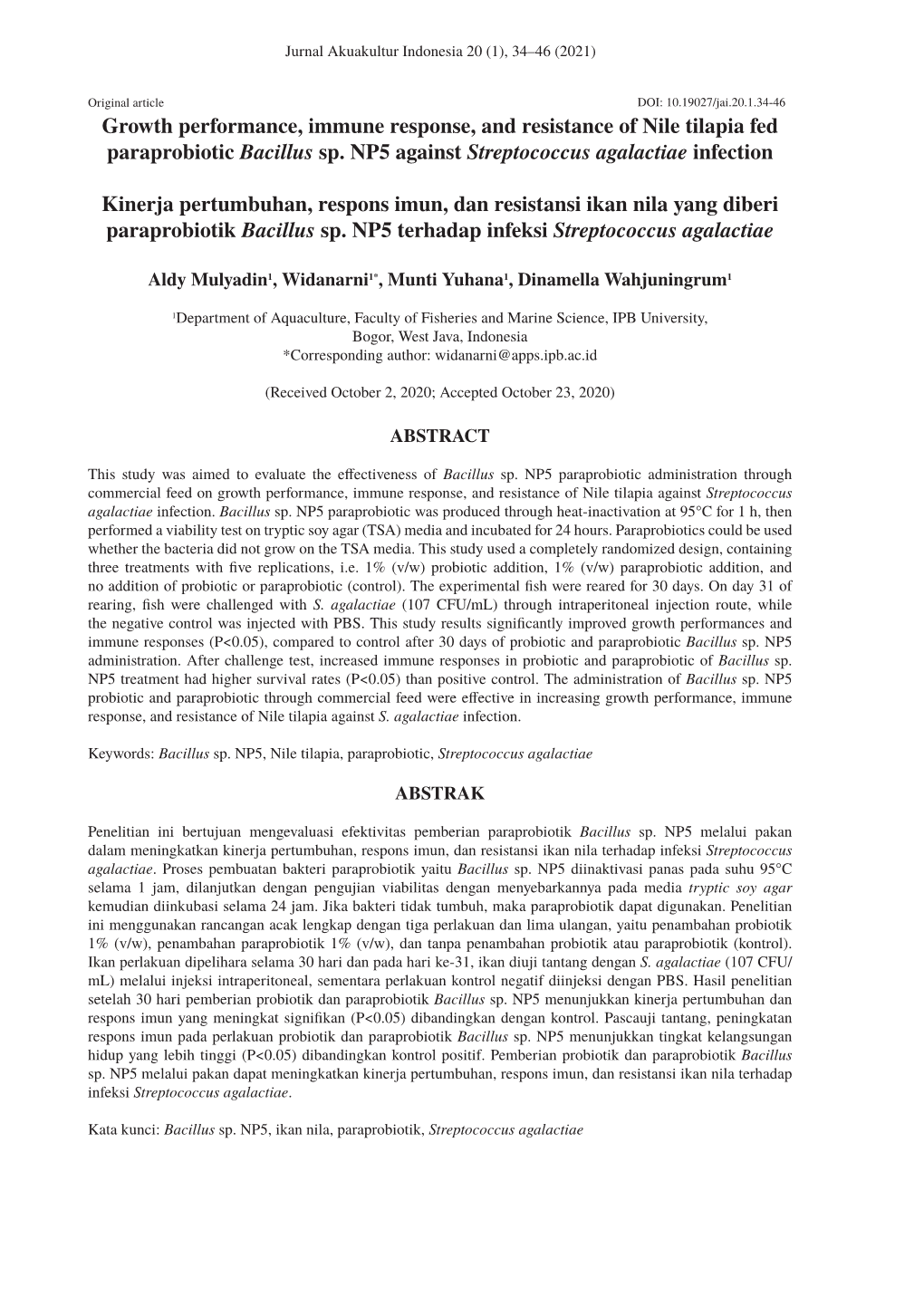 Growth Performance, Immune Response, and Resistance of Nile Tilapia Fed Paraprobiotic Bacillus Sp. NP5 Against Streptococcus Agalactiae Infection