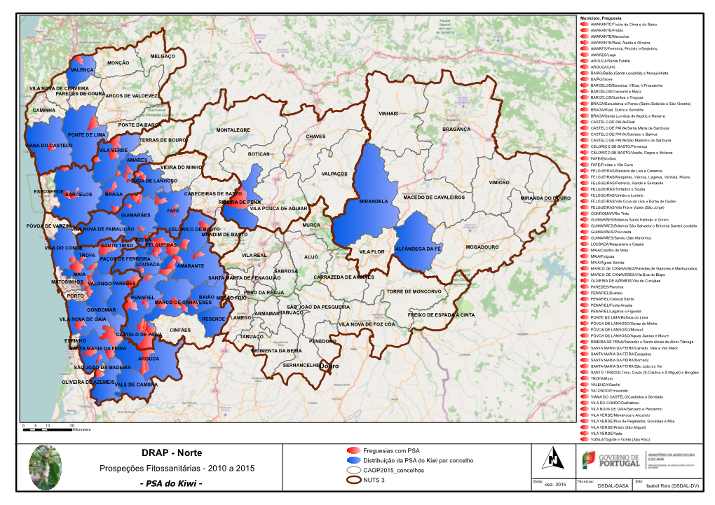 DRAP - Norte Freguesias Com PSA Distribuição Da PSA Do Kiwi Por Concelho O Prospeções Fitossanitárias - 2010 a 2015 CAOP2015 Concelhos