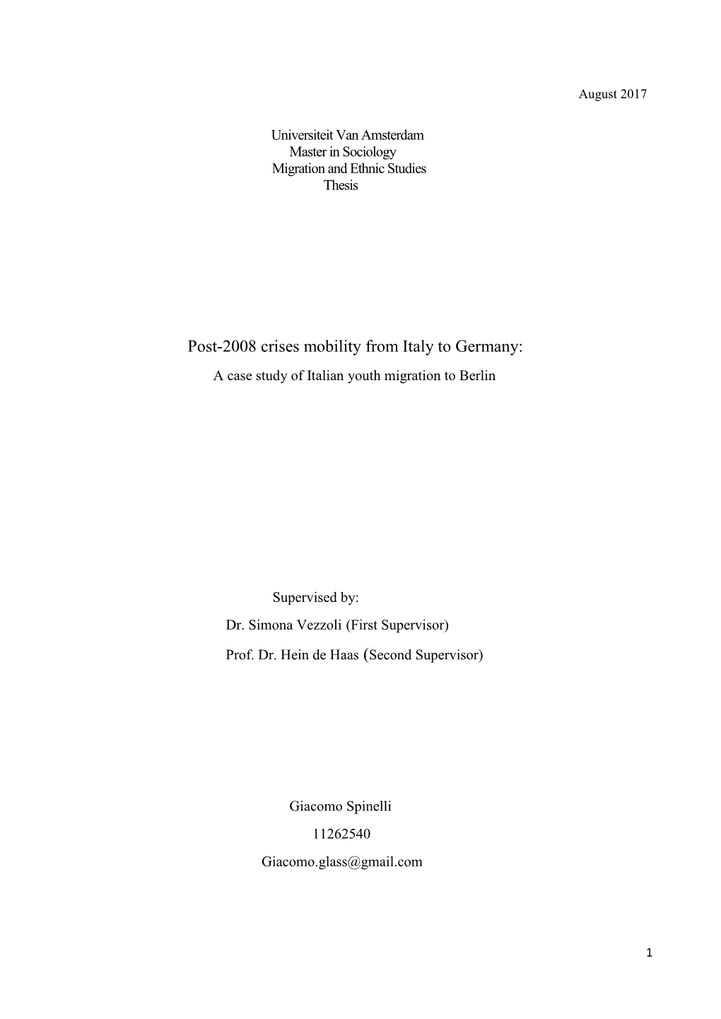 Post-2008 Crises Mobility from Italy to Germany: a Case Study of Italian Youth Migration to Berlin