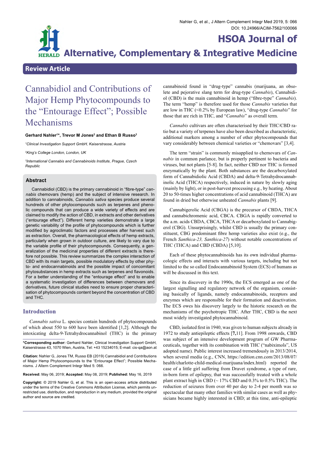 Cannabidiol and Contributions of Major Hemp Phytocompounds to the “Entourage Effect”; Possible Mecha- Nisms