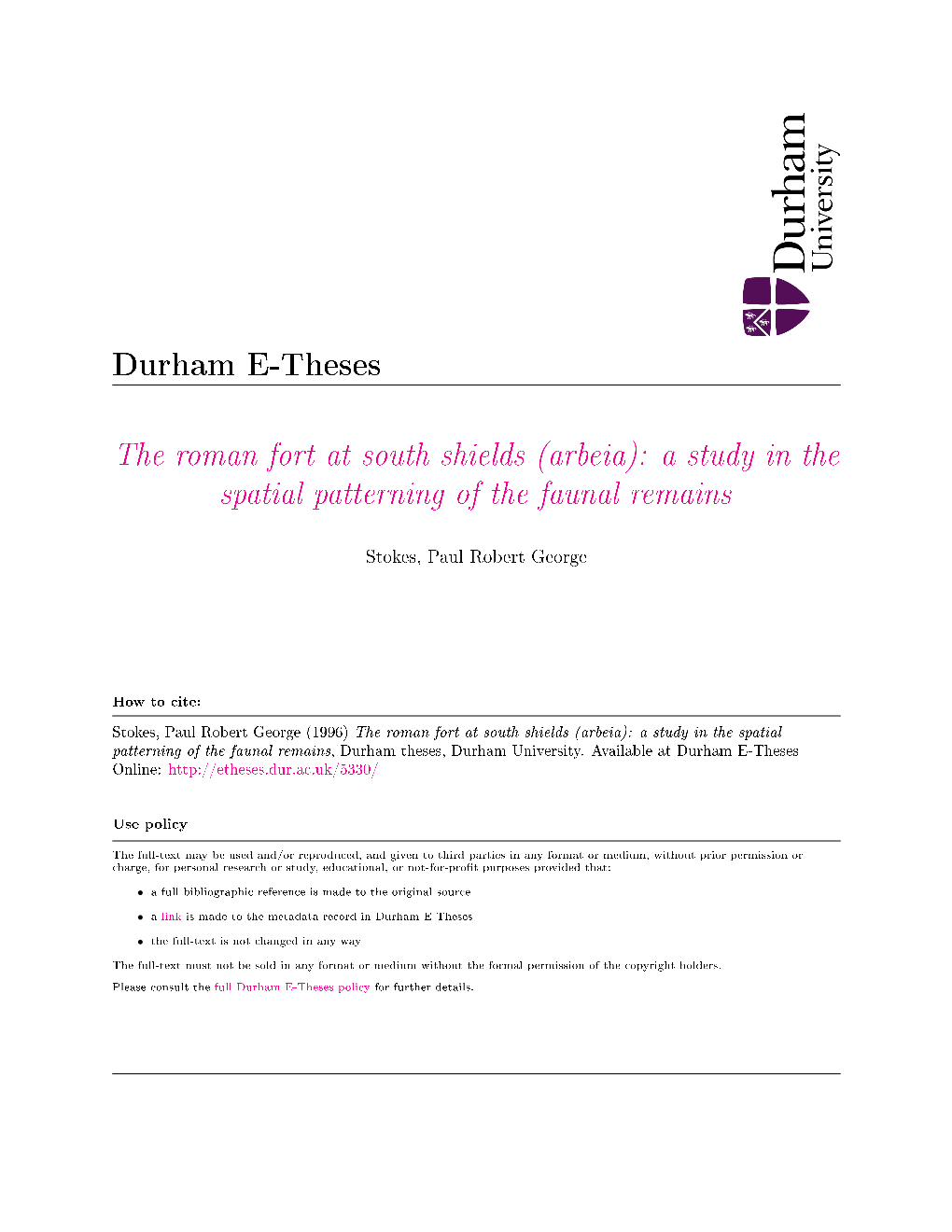 The Roman Fort at South Shields (Arbeia): a Study in the Spatial Patterning of the Faunal Remains