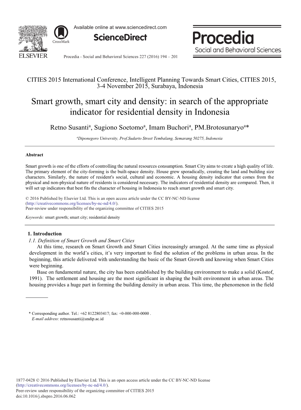 Smart Growth, Smart City and Density: in Search of the Appropriate Indicator for Residential Density in Indonesia