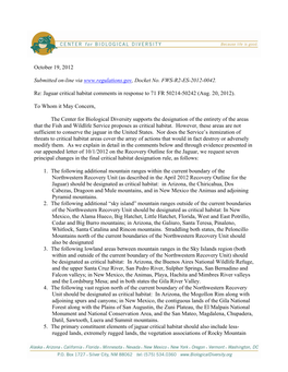 Jaguar Critical Habitat Comments in Response to 71 FR 50214-50242 (Aug