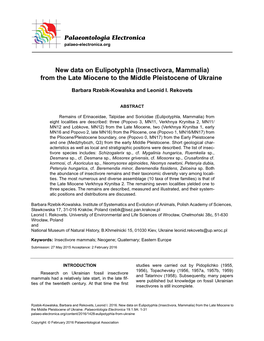 New Data on Eulipotyphla (Insectivora, Mammalia) from the Late Miocene to the Middle Pleistocene of Ukraine