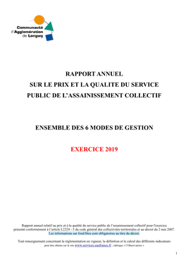Rapport Annuel Sur Le Prix Et La Qualite Du Service Public De L’Assainissement Collectif
