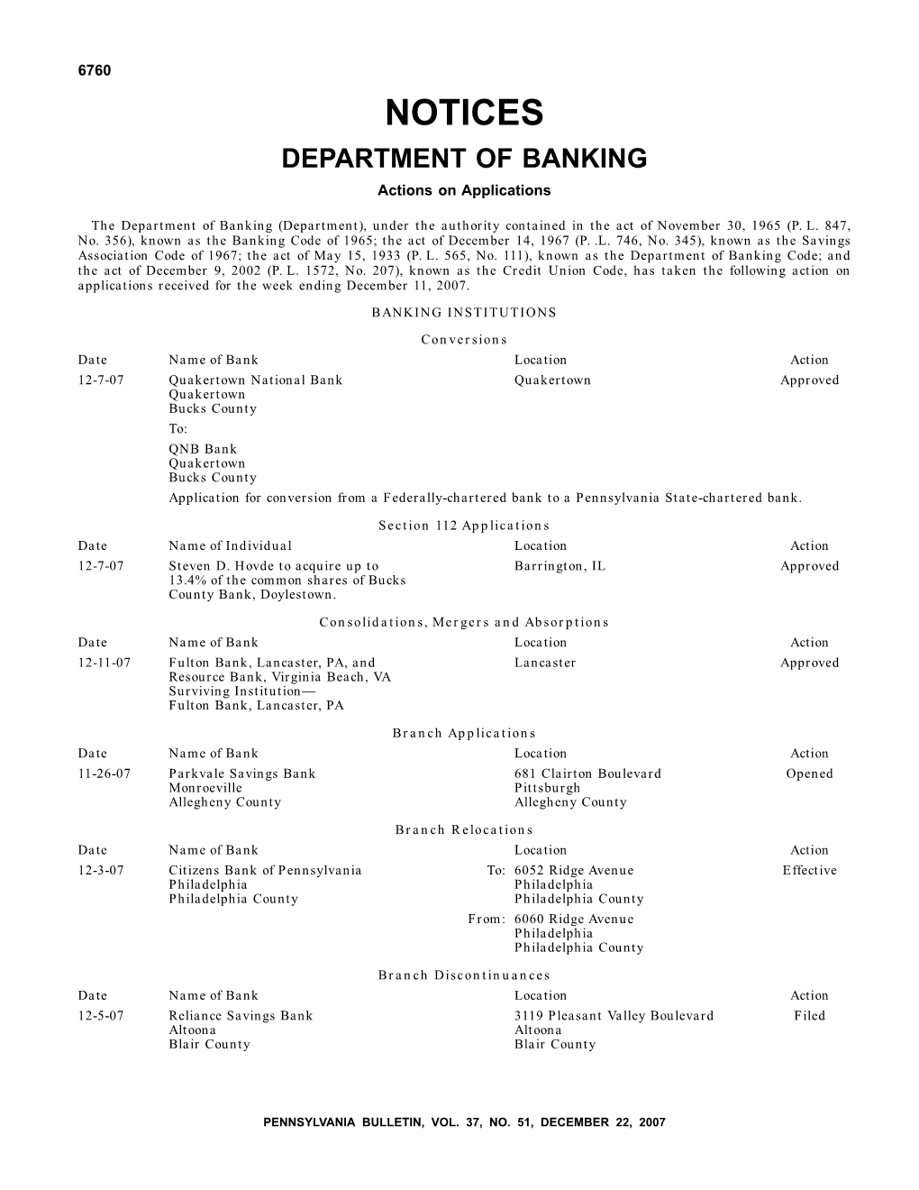 NOTICES DEPARTMENT of BANKING Actions on Applications