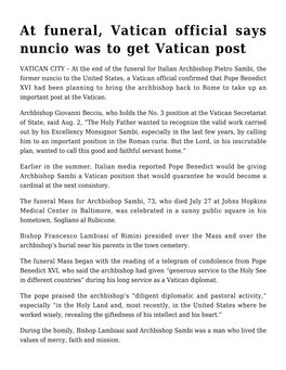At Funeral, Vatican Official Says Nuncio Was to Get Vatican Post