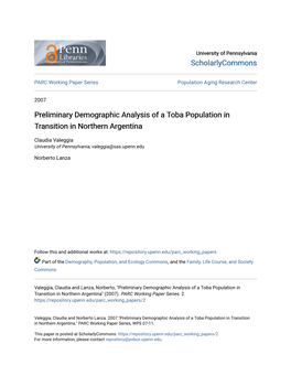 Preliminary Demographic Analysis of a Toba Population in Transition in Northern Argentina
