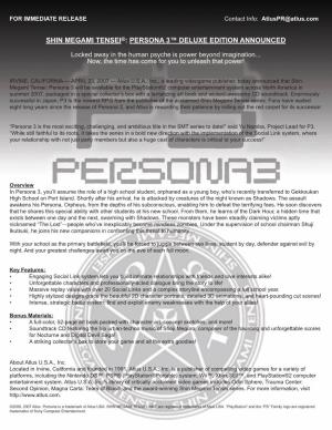 Shin Megami Tensei®: Persona 3™ Deluxe Edition Announced