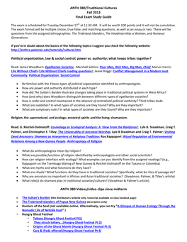 ANTH 380/Traditional Cultures Fall 2013 Final Exam Study Guide