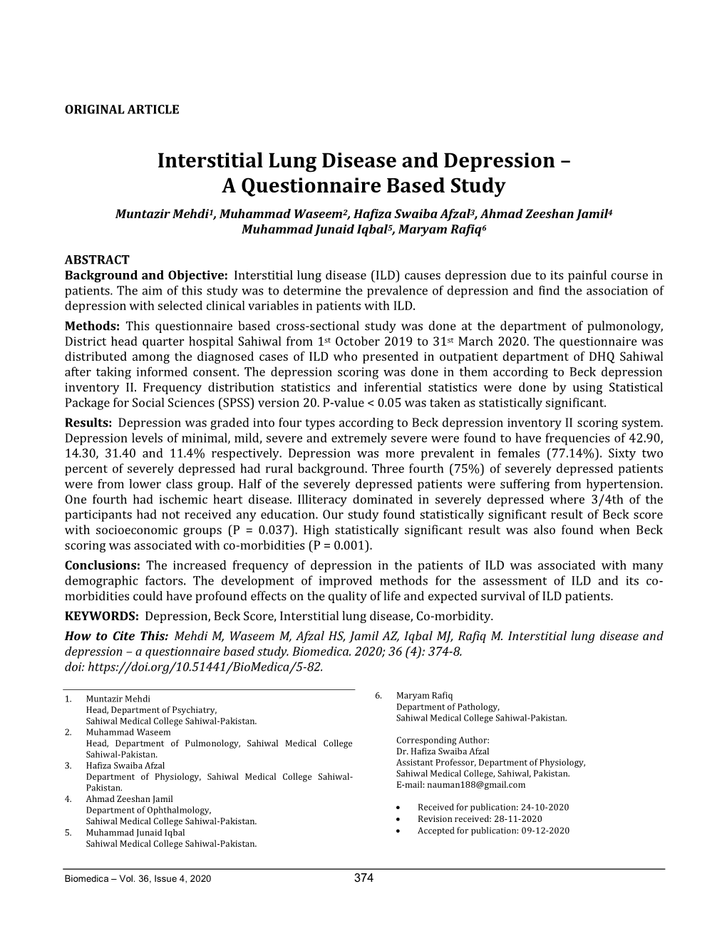 Interstitial Lung Disease and Depression – a Questionnaire Based Study