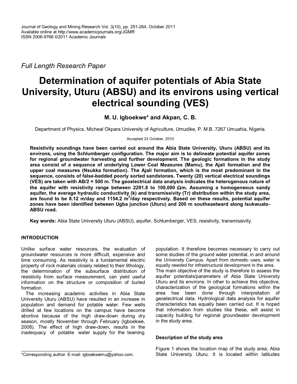 Determination of Aquifer Potentials of Abia State University Uturu (ABSU