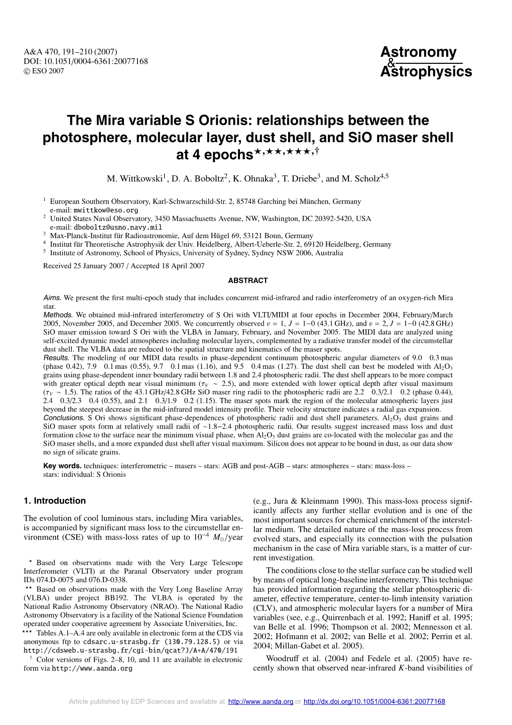 The Mira Variable S Orionis: Relationships Between the Photosphere, Molecular Layer, Dust Shell, and Sio Maser Shell at 4 Epochs�,��,���,†