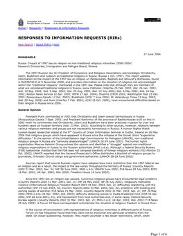 Russia: Impact of 1997 Law on Religion on Non-Traditional Religious Minorities (2000-2004) Research Directorate, Immigration and Refugee Board, Ottawa