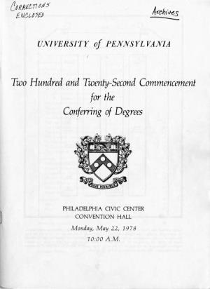 Two Hundred and Twenty-Second Commencement for the Conferring of Degrees