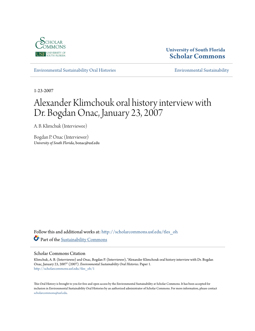 Alexander Klimchouk Oral History Interview with Dr. Bogdan Onac, January 23, 2007 A