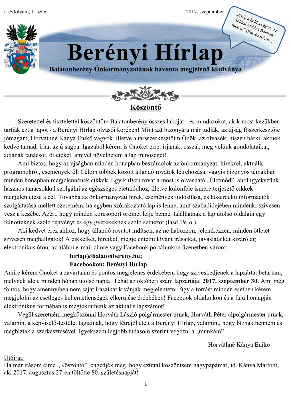 Berényi Hírlap Balatonberény Önkormányzatának Havonta Megjelenő Kiadványa