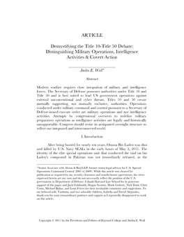 Demystifying the Title 10-Title 50 Debate: Distinguishing Military Operations, Intelligence Activities & Covert Action