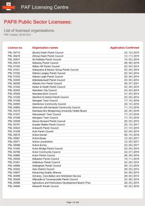 List of Licensed Organisations PDF Created: 29 09 2021
