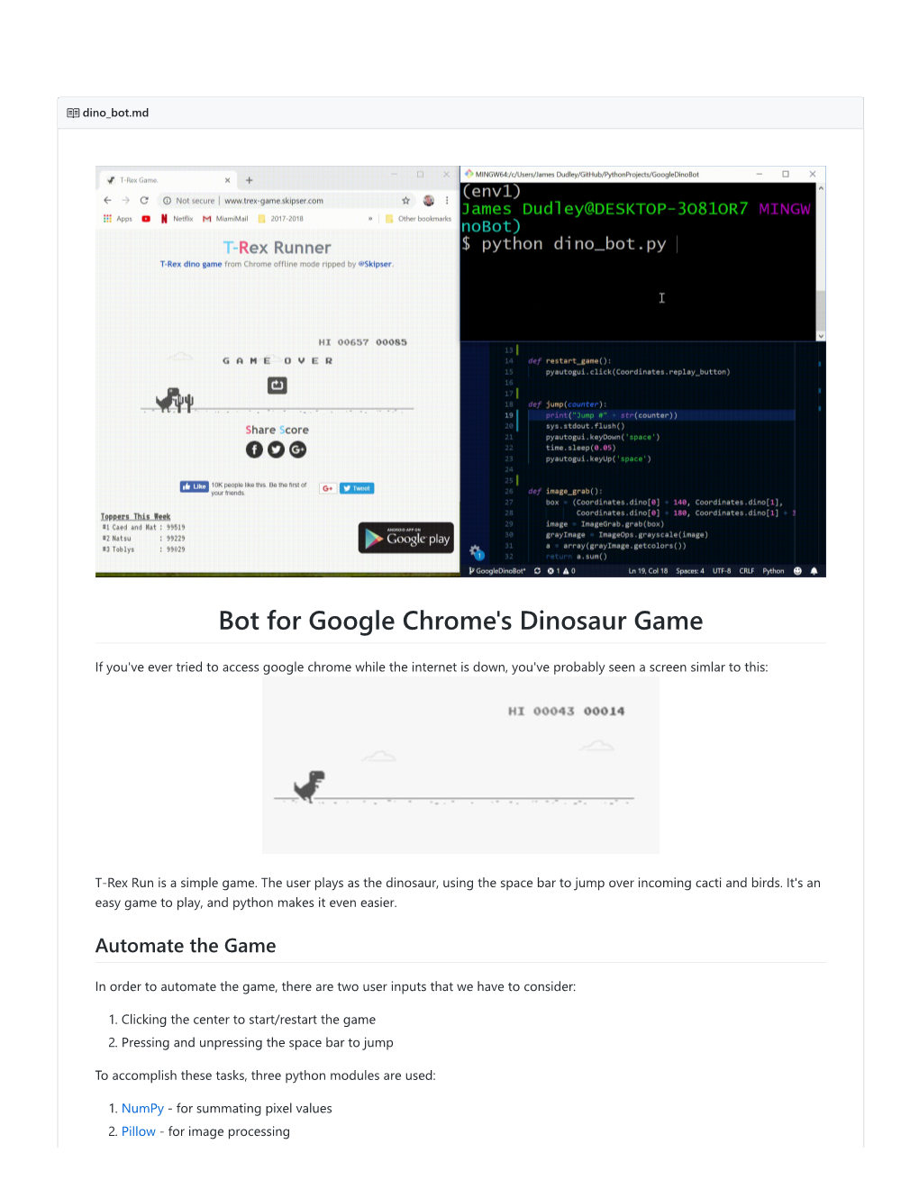 Bot for Google Chrome's Dinosaur Game