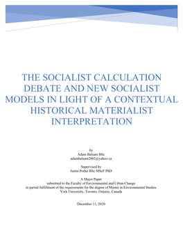 The Socialist Calculation Debate and New Socialist Models in Light of a Contextual Historical Materialist Interpretation