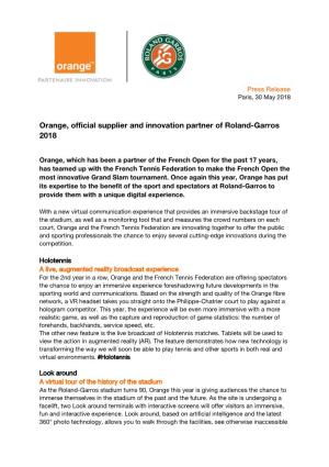Orange, Official Supplier and Innovation Partner of Roland-Garros 2018