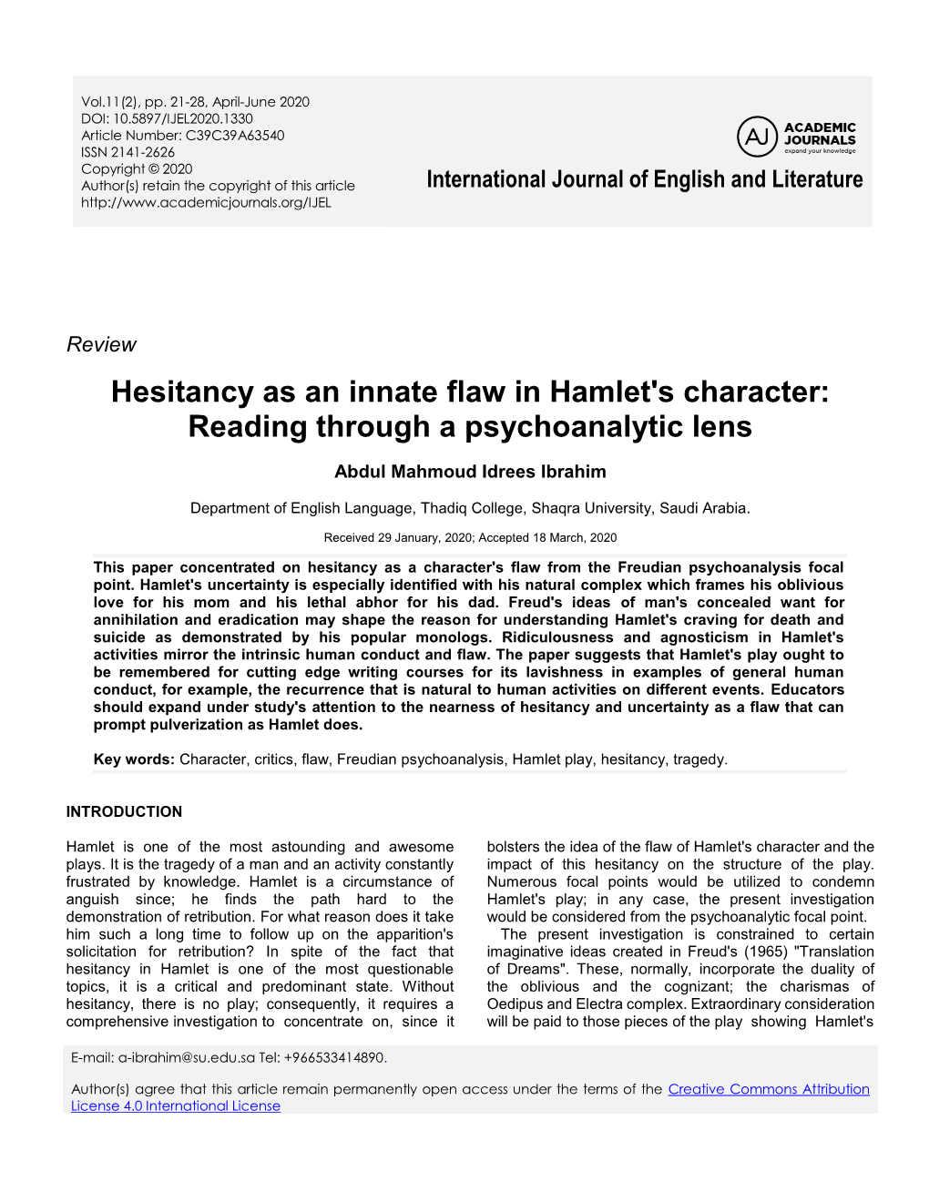 Hesitancy As an Innate Flaw in Hamlet's Character: Reading Through a Psychoanalytic Lens