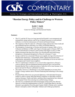 “Russian Energy Policy and Its Challenge to Western Policy Makers”