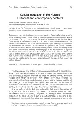 Cultural Education of the Hutsuls. Historical and Contemporary Contexts