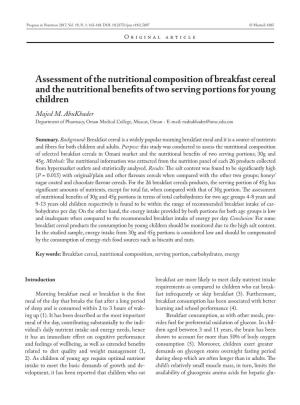 Assessment of the Nutritional Composition of Breakfast Cereal and the Nutritional Benefits of Two Serving Portions for Young Children Majed M