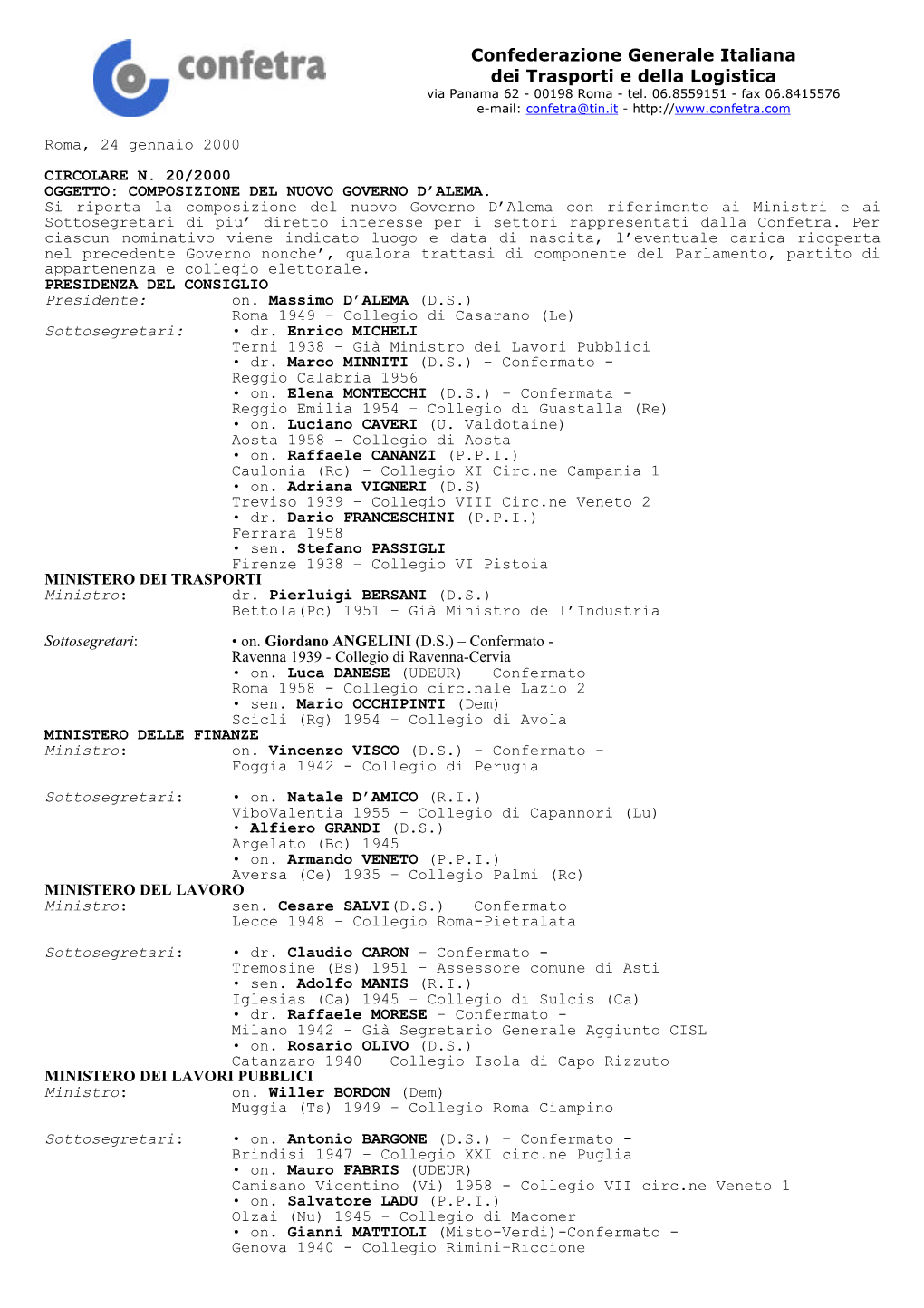 Composizione Del Governo D'alema (Circ. Conf.Le 20/2000)