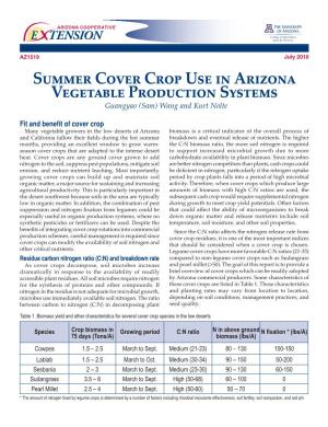 Summer Cover Crop Use in Arizona Vegetable Production Systems Guangyao (Sam) Wang and Kurt Nolte