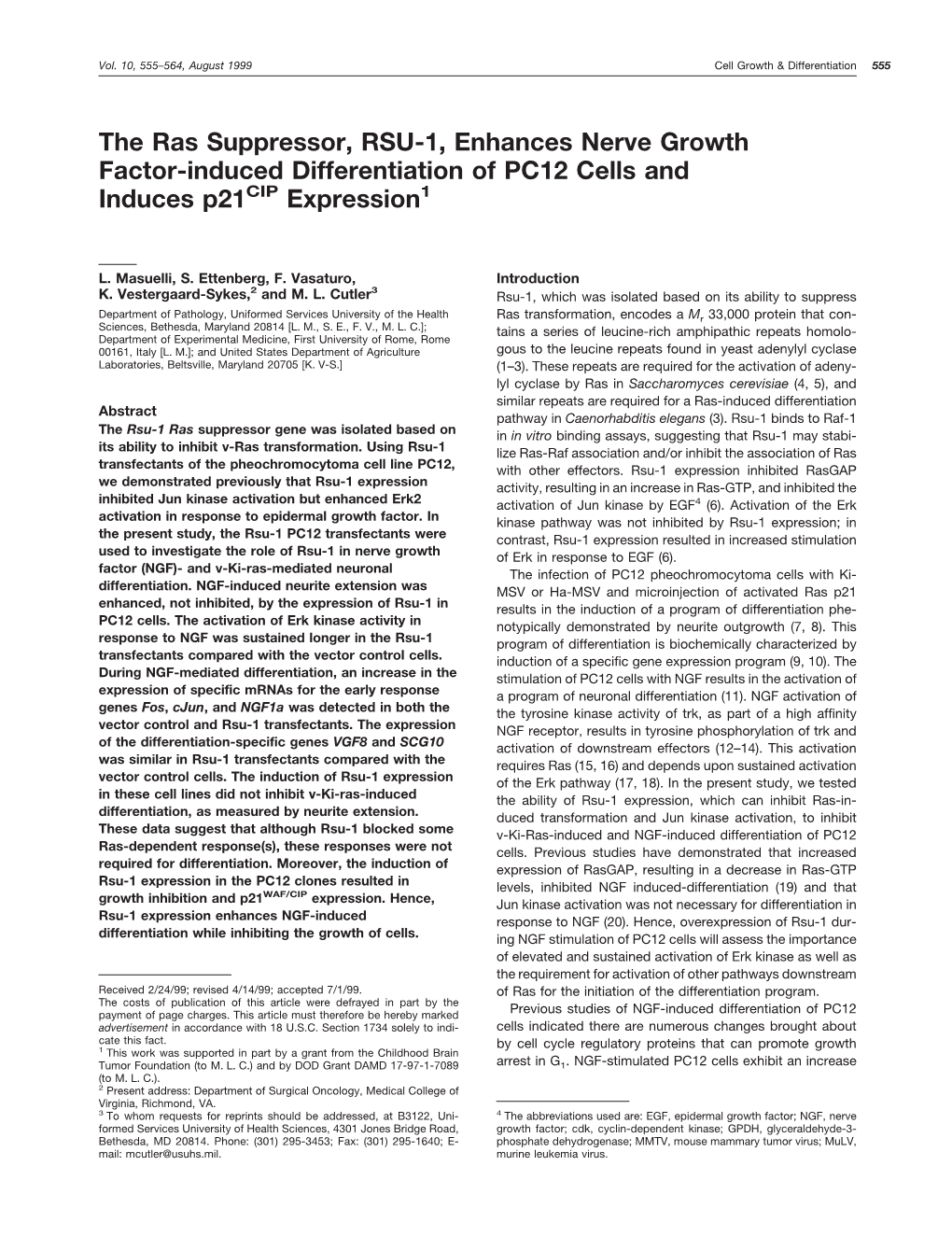 The Ras Suppressor, RSU-1, Enhances Nerve Growth Factor-Induced Differentiation of PC12 Cells and Induces P21cip Expression1