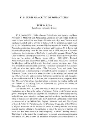 C. S. Lewis As a Critic of Romanticism Teresa Bela