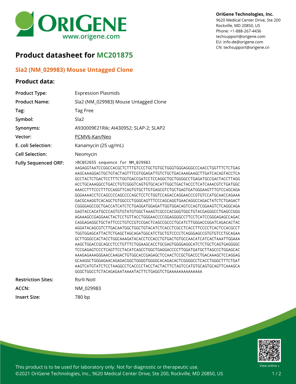 Sla2 (NM 029983) Mouse Untagged Clone – MC201875 | Origene