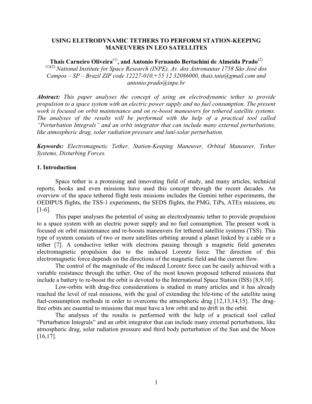 1 Using Eletrodynamic Tethers to Perform Station