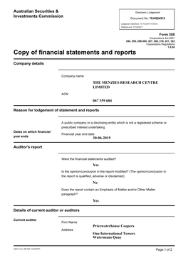 Copy of Financial Statements and Reports