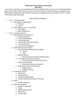 United States History Midterm Study Guide 2014